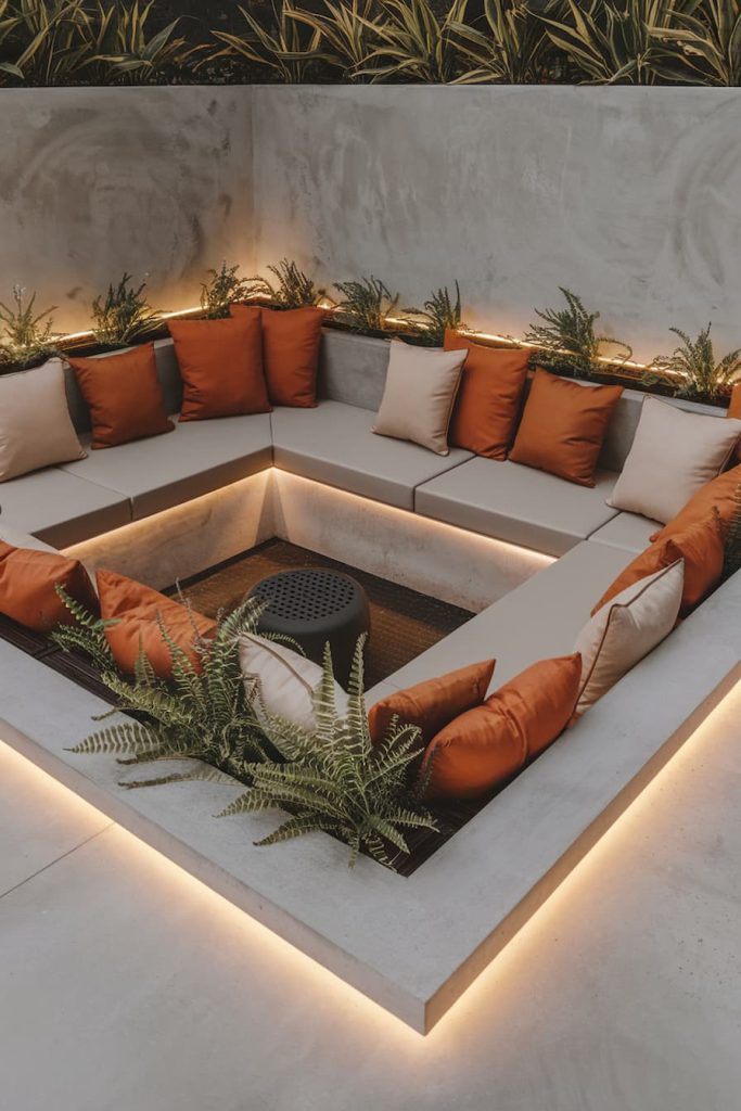 Modern outdoor seating area with beige and orange cushions surrounding a central fire pit. Lush green plants and soft lighting create a cozy atmosphere.