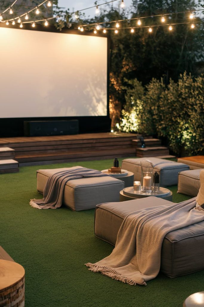 Outdoor seating area with cushions and tables on grass, under fairy lights, facing a large screen. Cozy blankets are draped over the seating.