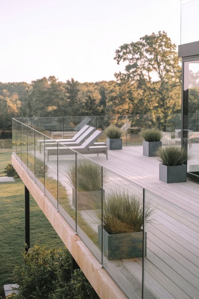 Modern outdoor terrace with glass railings, lounge chairs and potted plants. Overlooking a lawn and trees in the background.