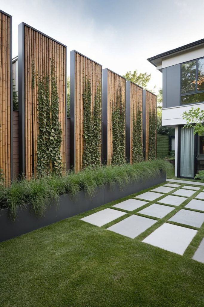 Modern garden with tall bamboo panels, vertical greenery and a stepping stone path on a manicured lawn next to a modern building.