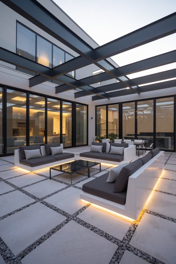 Modern outdoor patio with geometric furniture, illuminated seating and large glass windows in a courtyard.