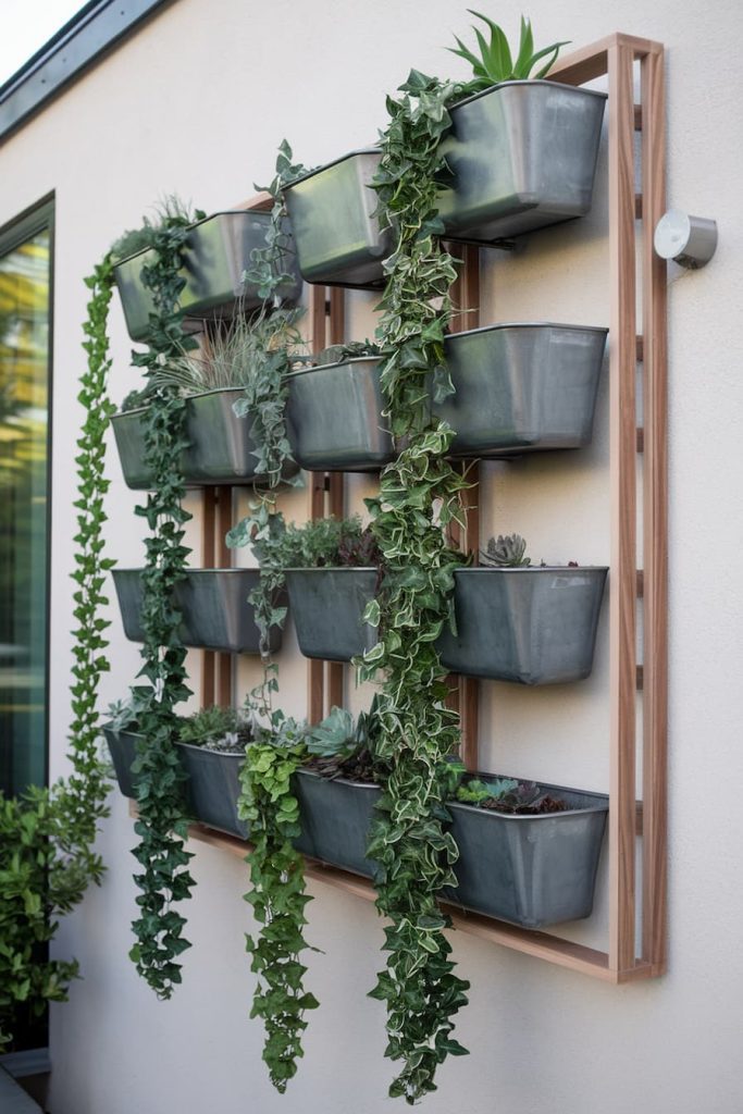 Vertical garden with nine gray rectangular planters on a wooden frame with cascading greenery and variegated ivy mounted on an outdoor wall.