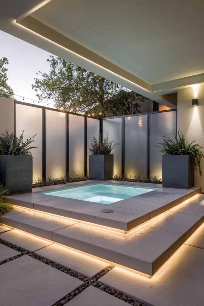 Modern outdoor terrace with small illuminated pool surrounded by potted plants and <a href=