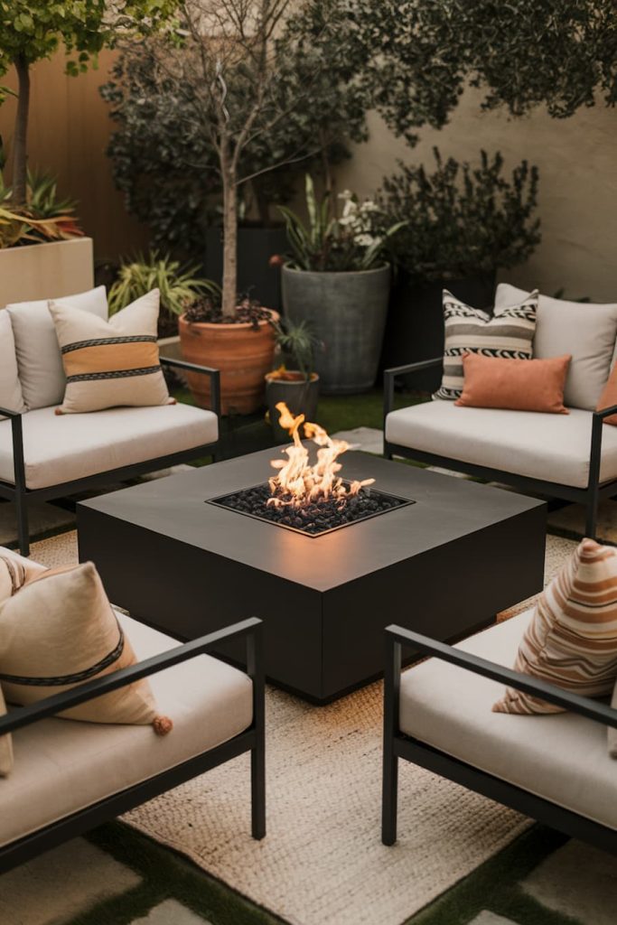 Outdoor seating area with four cushioned chairs surrounding a modern square fire pit. There are potted plants in the background.