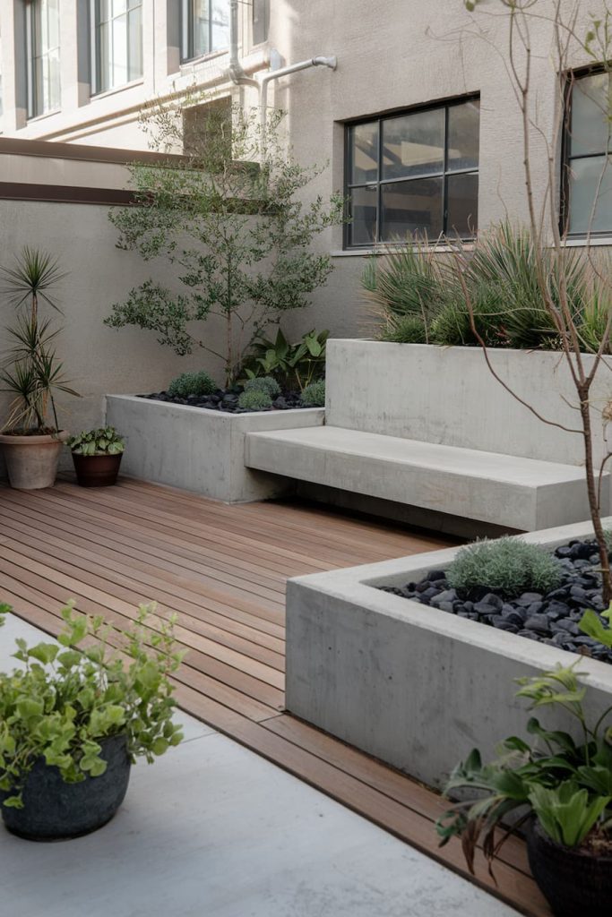 Concrete bench and planters with various green plants on a wooden terrace in a modern courtyard.