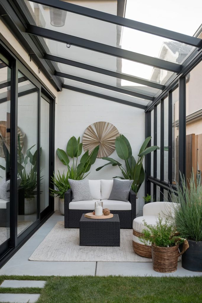 A glass-enclosed terrace with a black sofa, gray and white cushions, plants and a decorative wall hanging. There are candles on a small table. A woven carpet and grass can be seen.