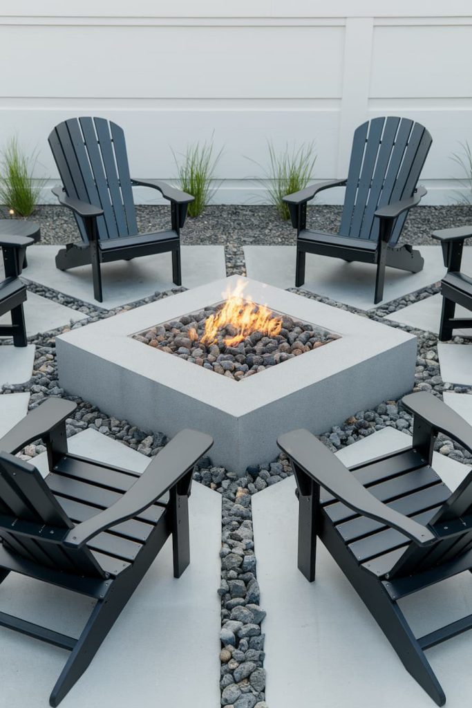 A square fire pit surrounded by six black Adirondack chairs on a gravel and concrete patio. Green plants line the white fence in the background.