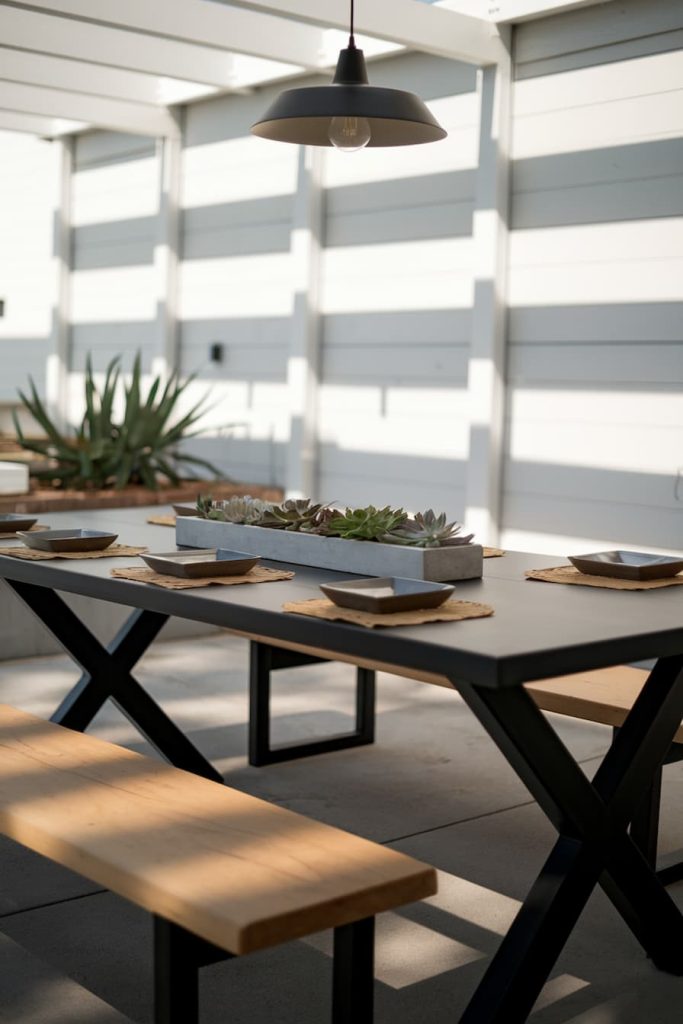 Outdoor patio with a black metal and wood table, wooden benches, a planter with succulents and a pendant lamp.