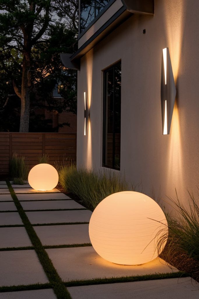 Modern outdoor patio with glowing globe lights and elegant wall sconces lined with paving stones and grass.