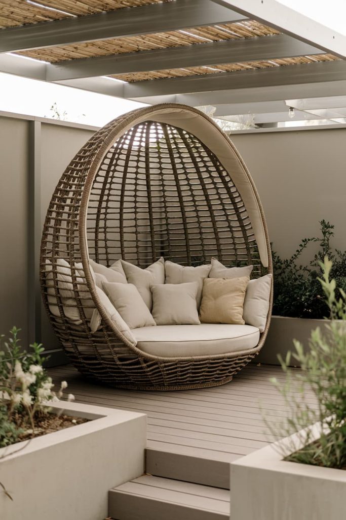 An egg-shaped wicker garden chair with cushions on a wooden patio surrounded by plants under a pergola.