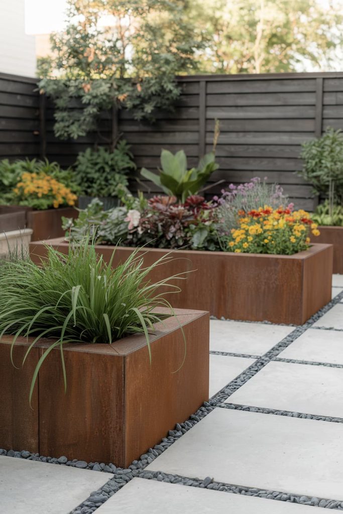 A garden of rusted metal rectangular planters filled with lush greenery and colorful flowers placed on a tiled patio with black pebble borders.