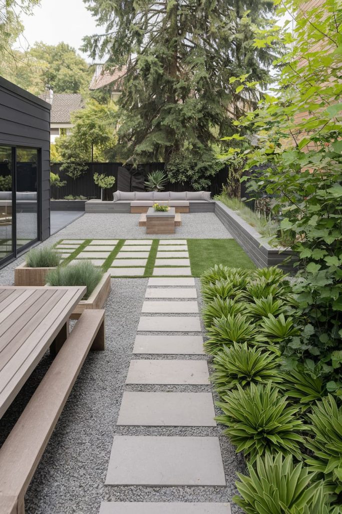 Modern backyard with a stone path leading to a seating area surrounded by greenery and a large pine tree.