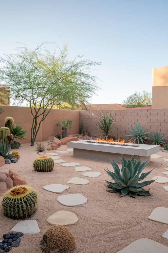 Desert landscape with cacti, agave plants and a rectangular fire pit surrounded by stepping stones on sandy ground. Brick walls and a clear sky can be seen in the background.