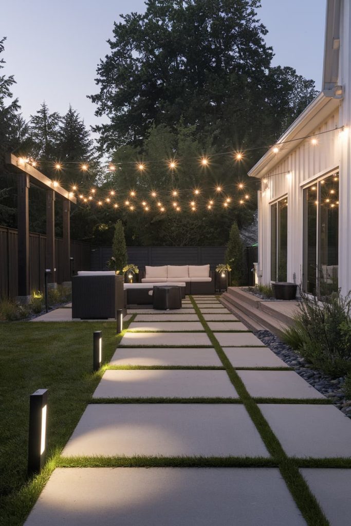 Modern backyard with fairy lights, a white sofa and a paved walkway. Lush greenery surrounds a wooden pergola and soft lighting illuminates the evening scene.