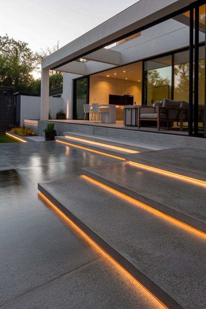 Modern house with large glass windows, illuminated steps leading to a terrace and a seating area.