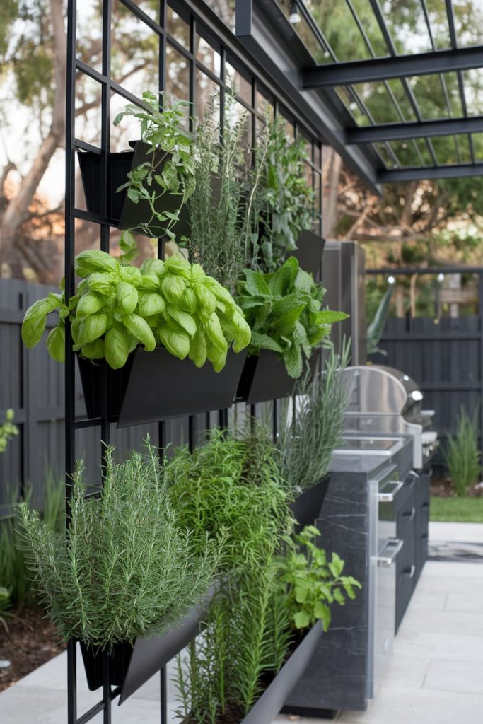 Vertical herb garden with basil, rosemary and other herbs in black planters next to an outdoor kitchen and a black fence.