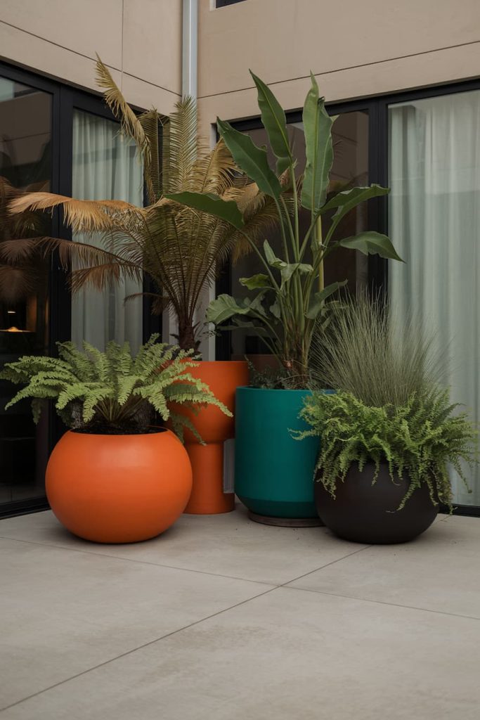 A corner of a patio with four colorful pots containing various green plants, including ferns and palm trees, near large windows with curtains.