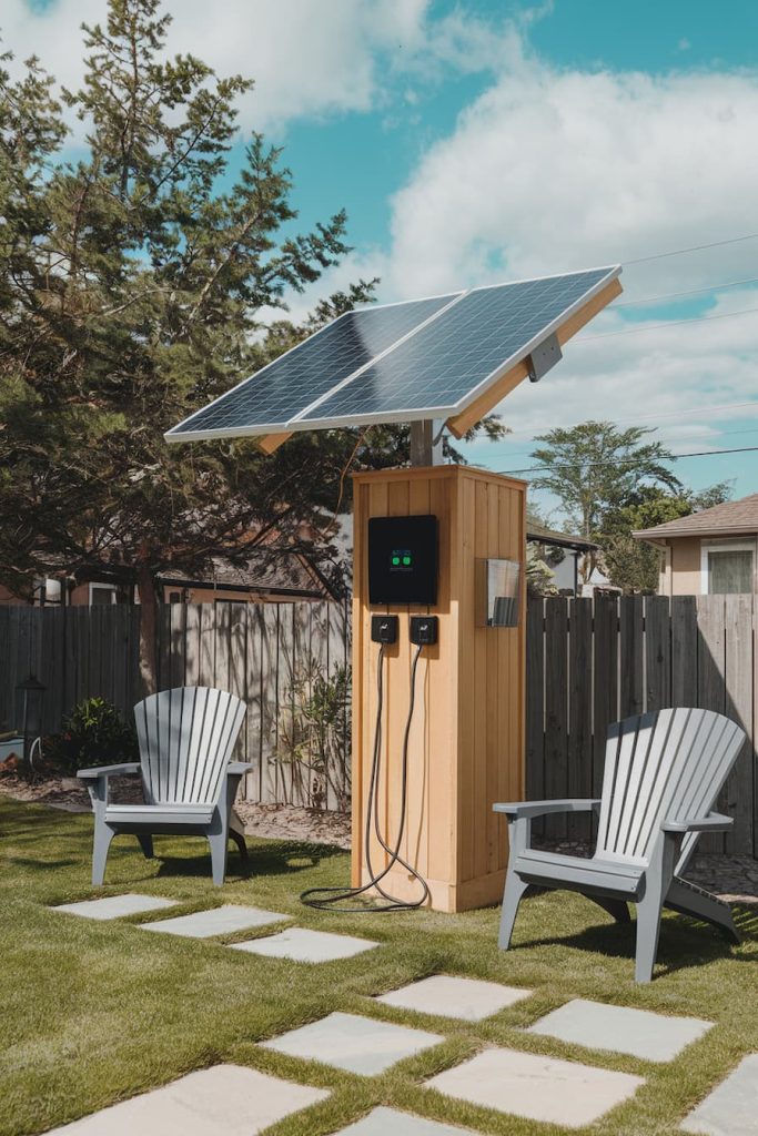 Outdoor electric vehicle charging station with solar panels, two gray chairs on a lawn and stepping stones.