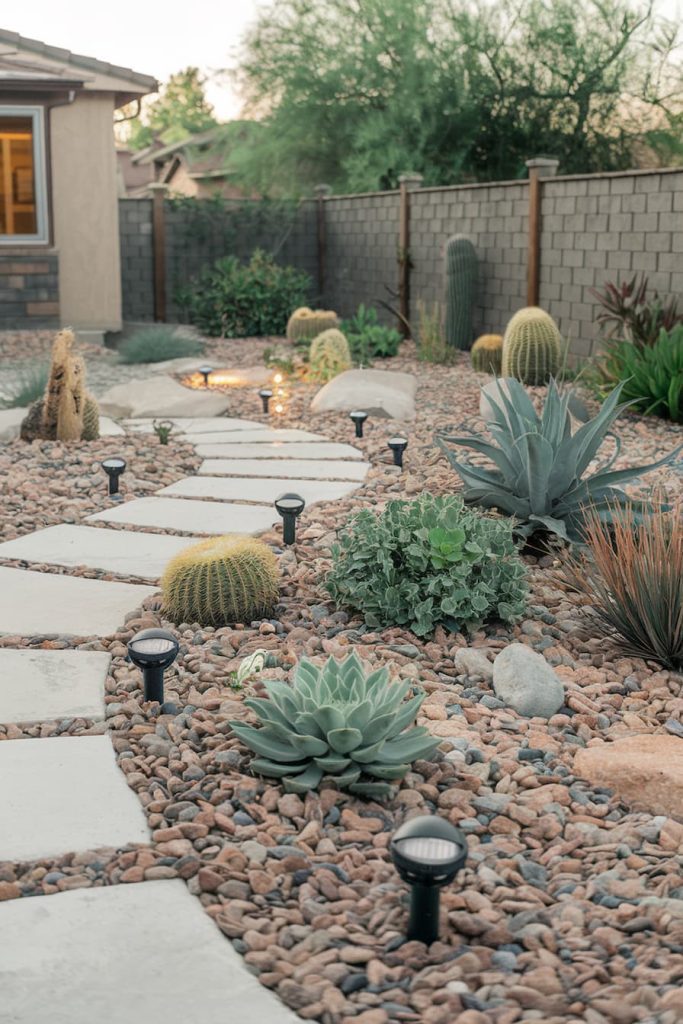 Stone path through a desert garden with succulents, cacti and small lights, surrounded by rock mulch and bordered by a brick wall and a house.