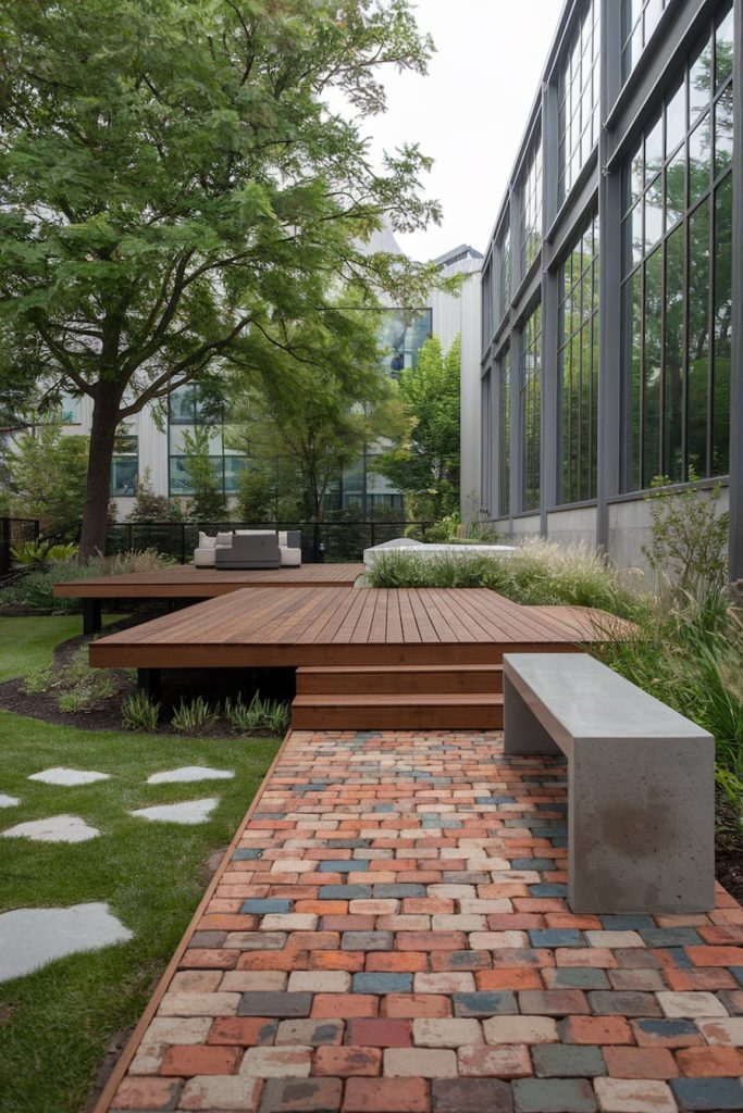 Modern outdoor space with wooden deck, concrete bench and colorful brick path surrounded by lush greenery and large glass windows on a building.