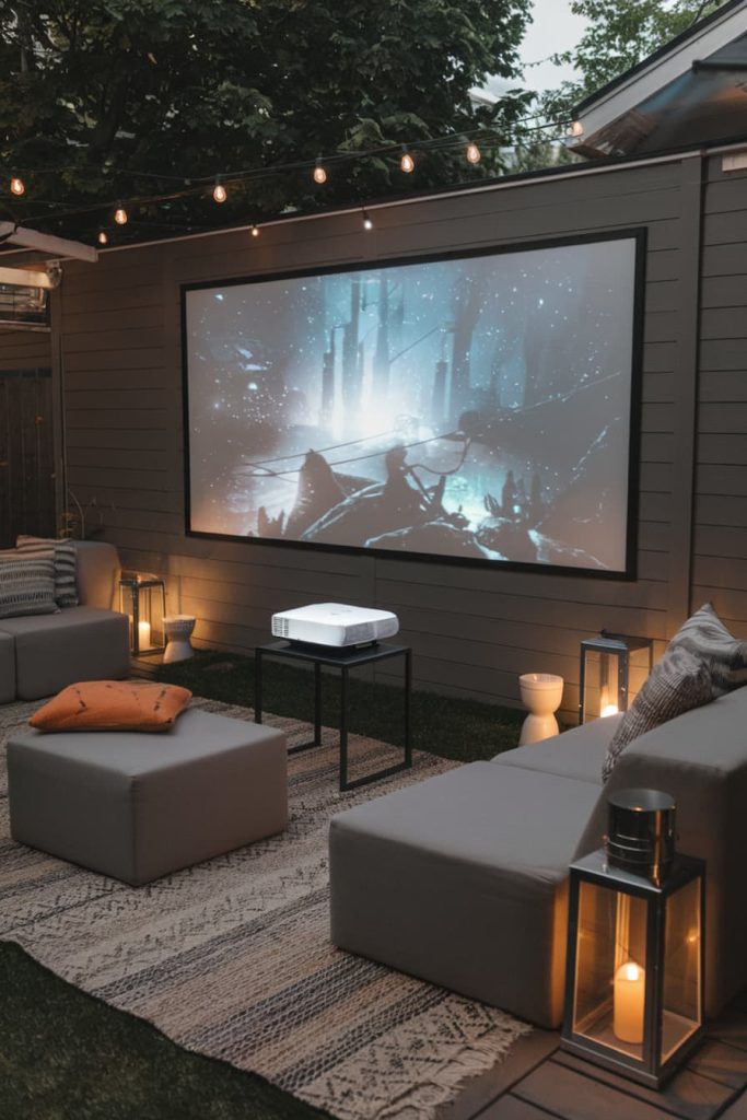 Outdoor film setup with a large screen showing a fantasy scene. Gray seating, a coffee table with a projector, fairy lights and lanterns create an inviting atmosphere.