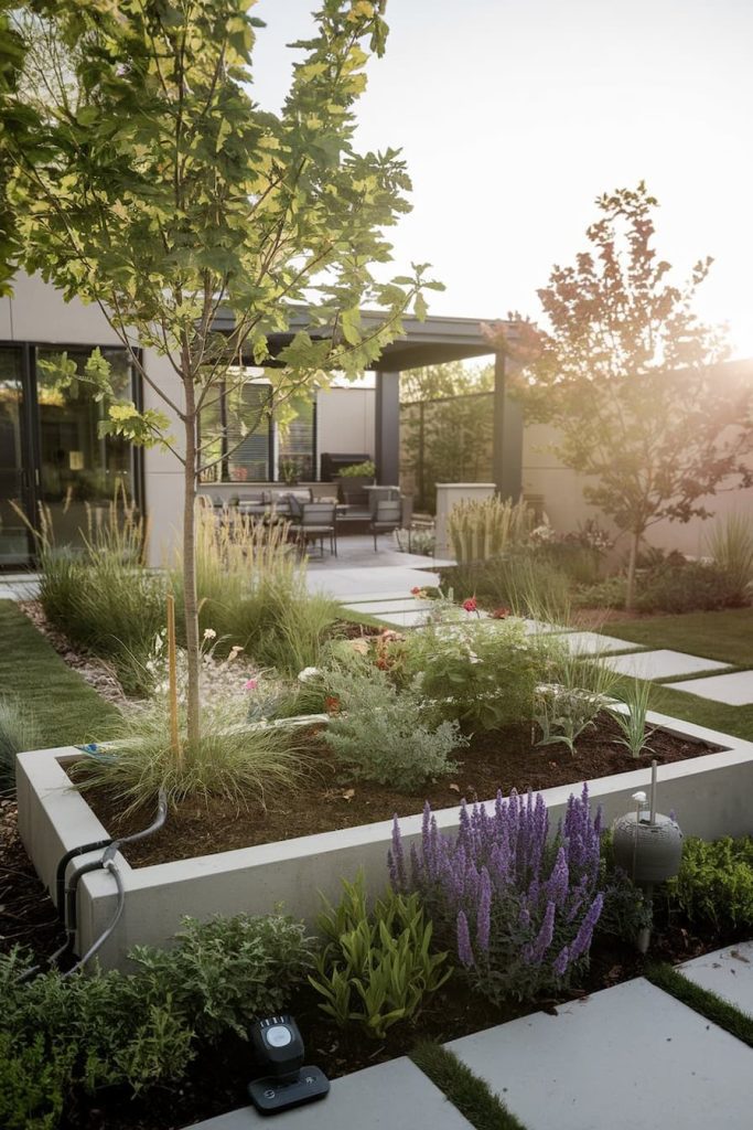 Modern garden with raised beds, various plants and stepping stone paths. In the background there is a terrace with chairs.