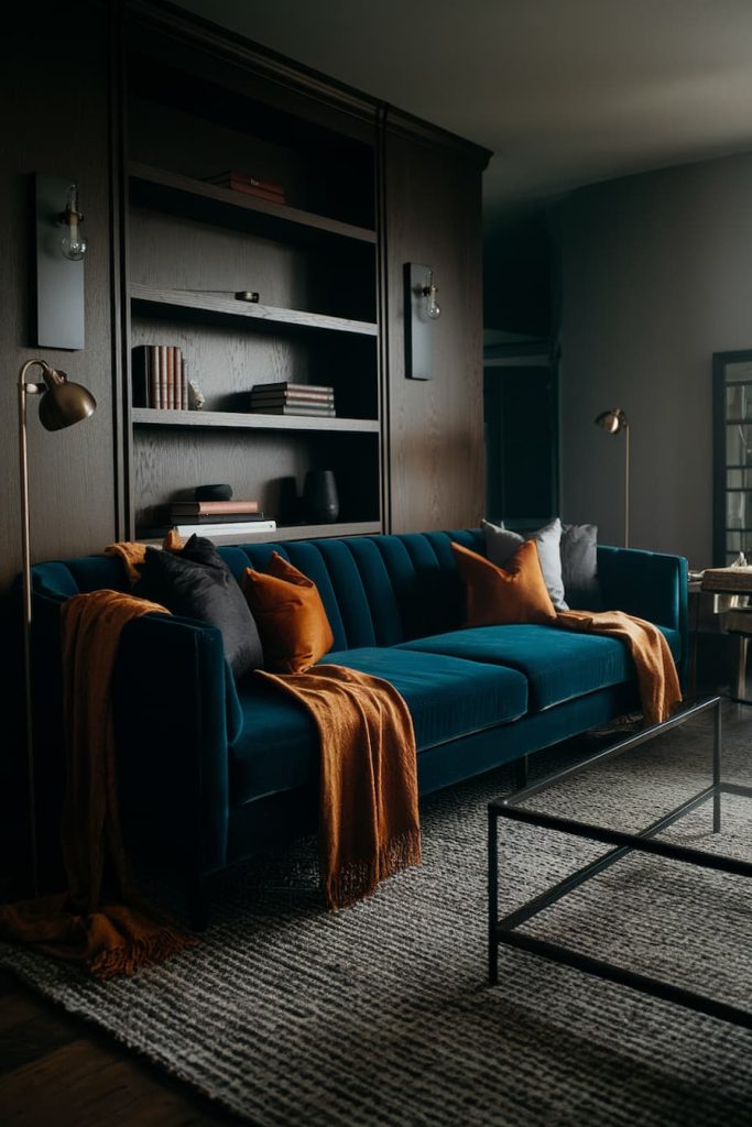 A dark living room with a blue velvet sofa, orange and gray pillows, an orange throw flanked by two brass lamps, a bookcase and a glass-top coffee table on a gray carpet.