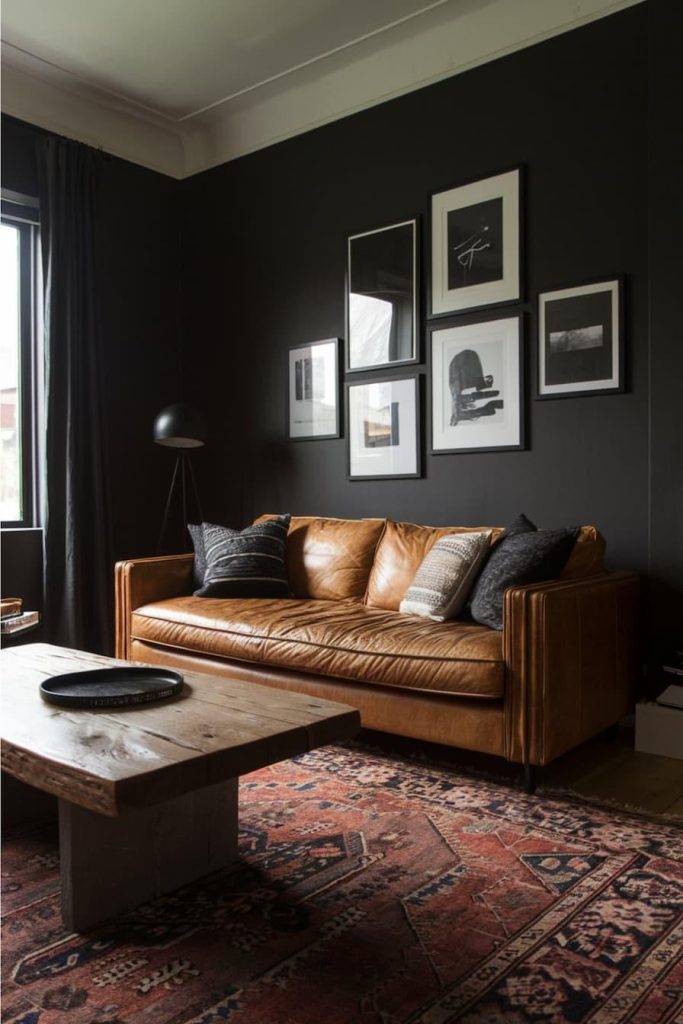 A modern living room with a brown leather couch, a wooden coffee table and wall art. The room has dark walls and a patterned carpet.