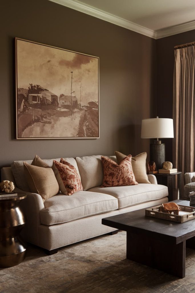 A cozy living room with a beige sofa, brown and brown pillows, a large painting on the wall, a floor lamp, a wooden coffee table and neutral furnishings.