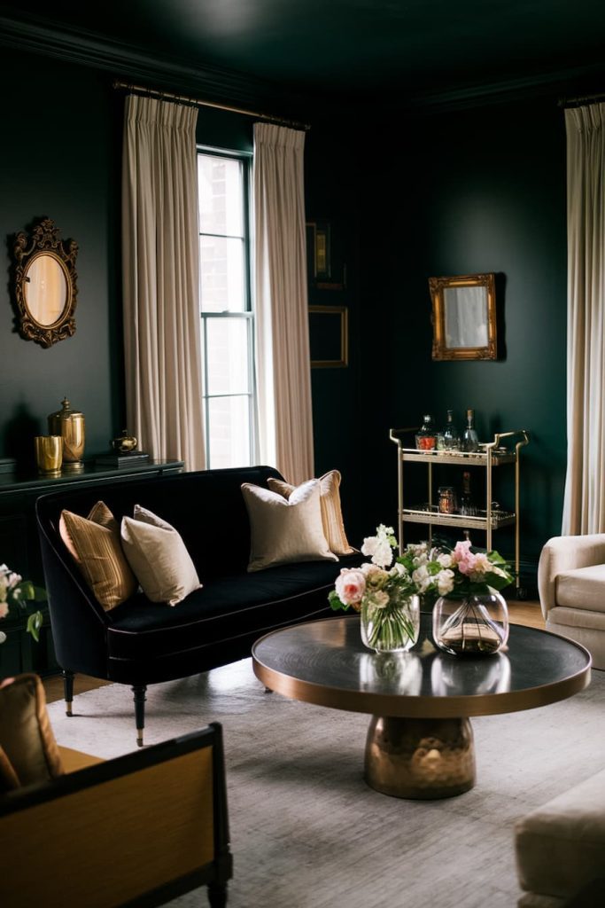 A dark living room with a black sofa, light curtains, a round table with floral arrangements and a small bar cart.