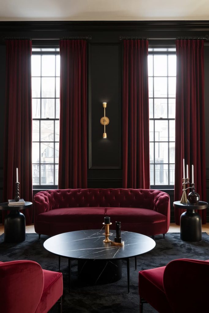 A dark, elegant living room with tall windows, red curtains, a red sofa, a black <a href=