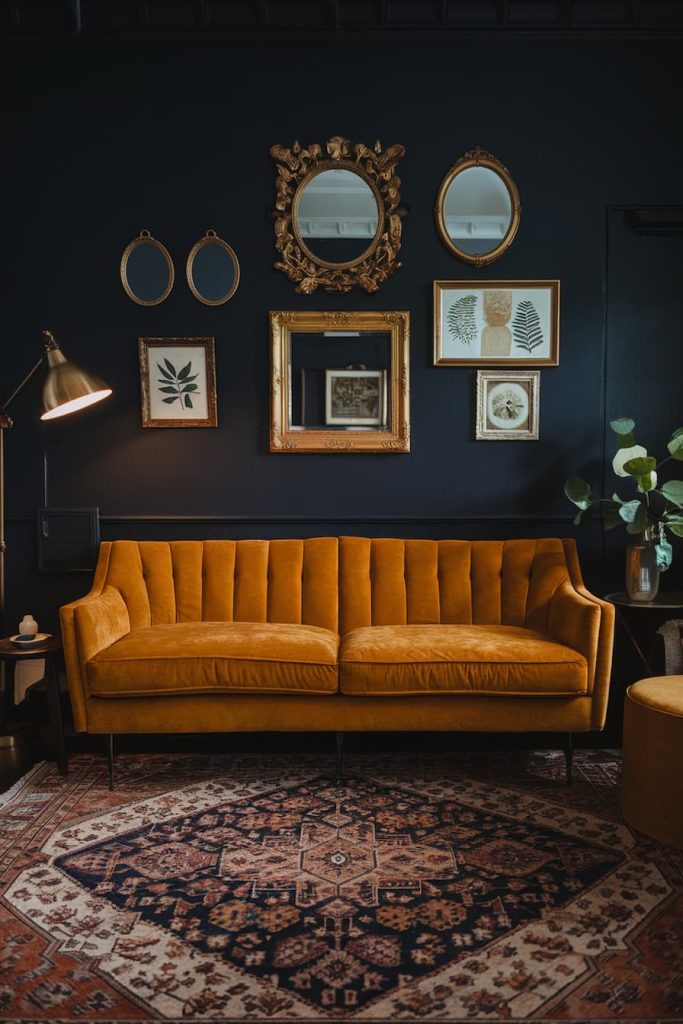 A mustard yellow velvet sofa in front of a dark wall with framed artwork, mirrors, a floor lamp and a textured rug in a cozy living room setting.