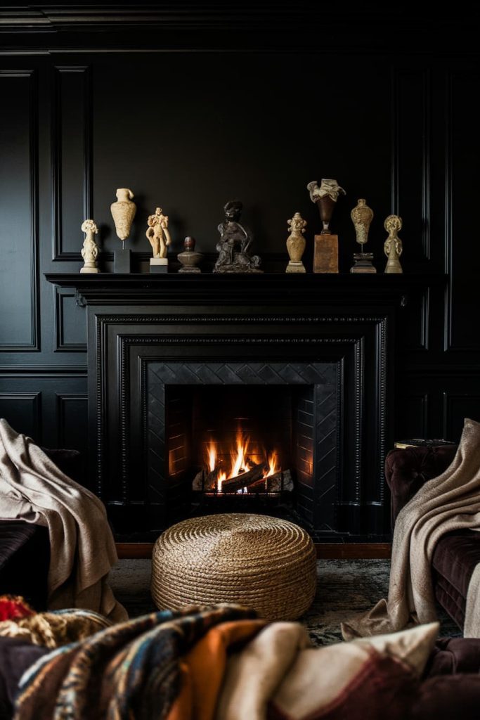 A cozy room with a burning fireplace, decorated with various sculptures on the mantel. Dark paneled walls and ceilings hang over the chairs, with a woven ottoman in front of them.