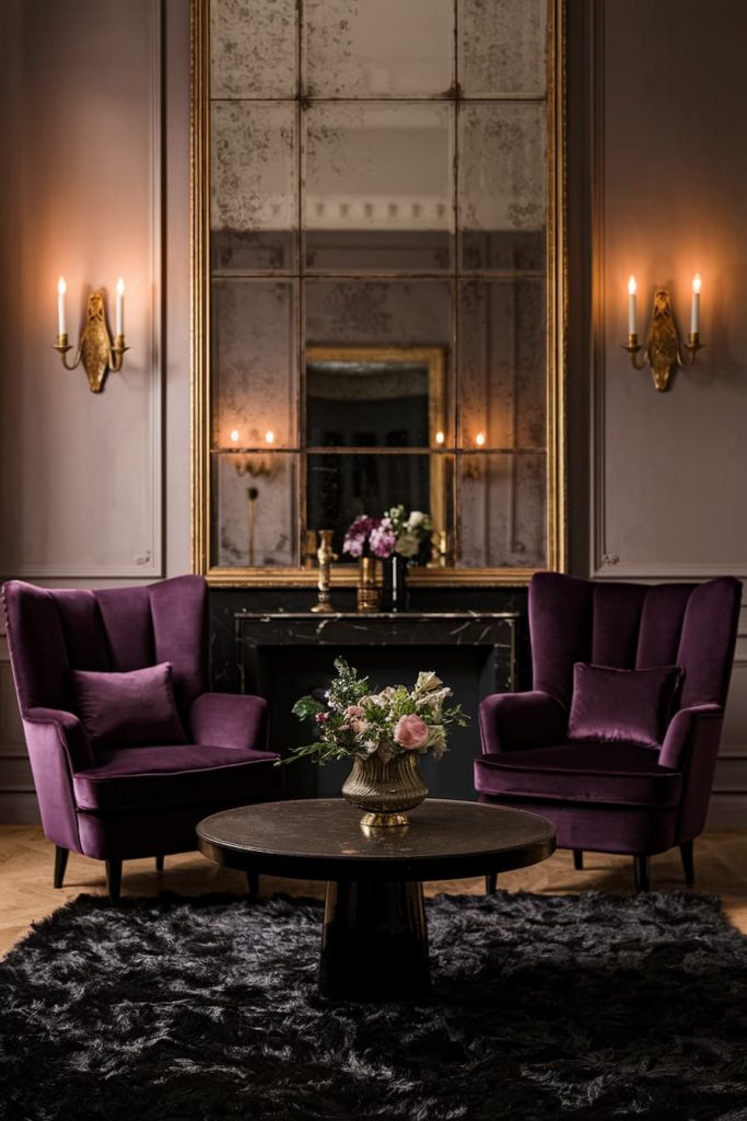 Elegant room with two purple armchairs, a dark round table, a floral centerpiece, a large mirror and wall lights.