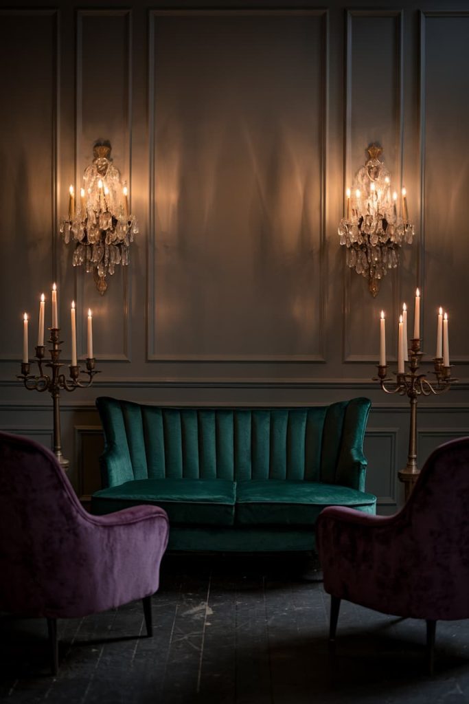 A dimly lit room with a green couch, two purple chairs, wall lights and tall candelabra creating an elegant atmosphere.