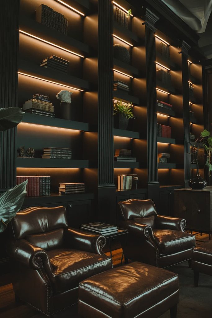 A dimly lit library with leather chairs, two armchairs, a footrest and wooden bookshelves full of books and plants.