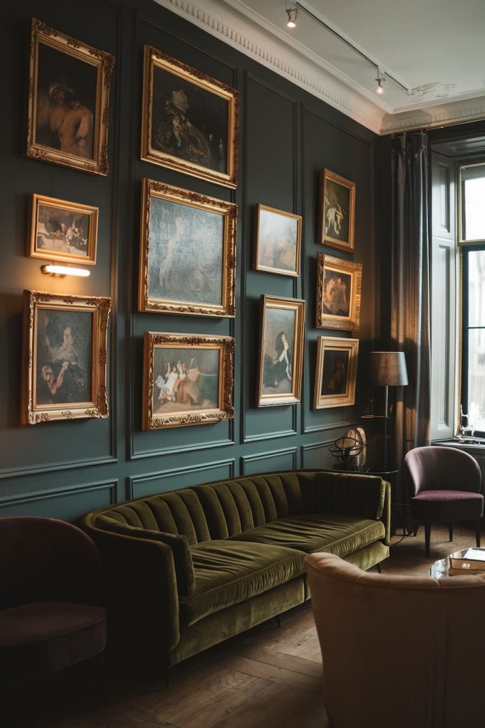 Room with a green velvet sofa, several framed paintings on the wall and a high window with curtains.