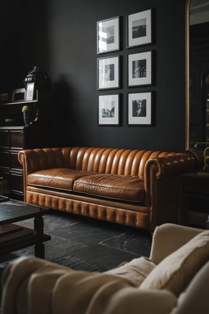 A brown leather sofa in a dark room with black walls, including six framed black and white photos.