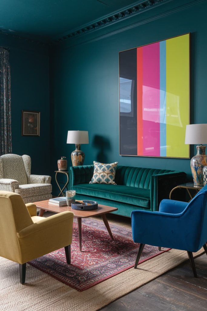 A colorful living room with teal walls, a green sofa, blue and yellow armchairs, two lamps, a large colorful piece of art and a red patterned rug under a wooden coffee table.