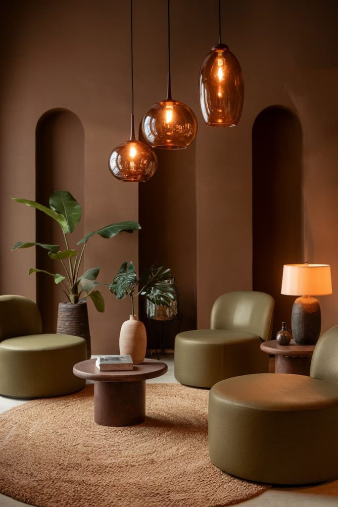 A cozy seating area with olive green chairs, a round rug, a potted plant and pendant lights against brown walls.