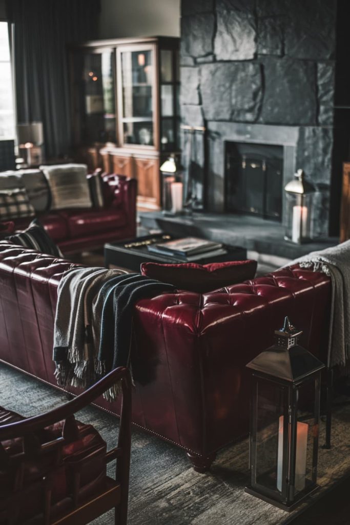 A cozy living room with red leather sofas, a stone fireplace and a large lantern. Blankets are draped over the furniture and there are wooden cupboards in the background.