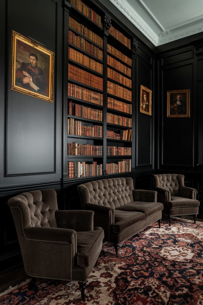 A dimly lit library with dark wooden shelves full of books. Three brown armchairs are arranged beneath framed portraits on the walls, and a patterned rug covers the floor.