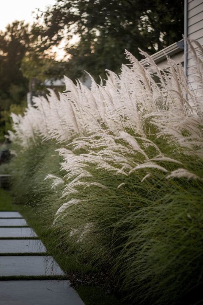 Tall ornamental grasses line a walkway next to a house and sway gently in the wind.