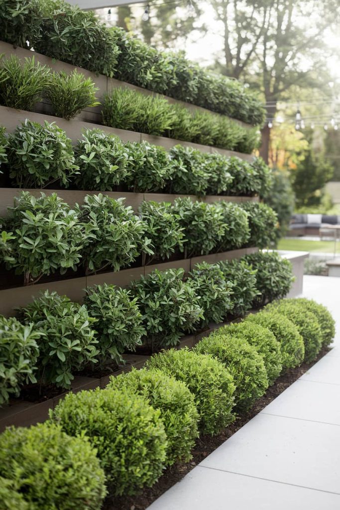 A tiered vertical garden with lush green outdoor plants, trees visible in the background.