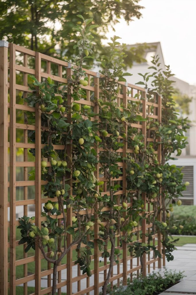 A wooden trellis on which trellis pear trees grow in a garden.