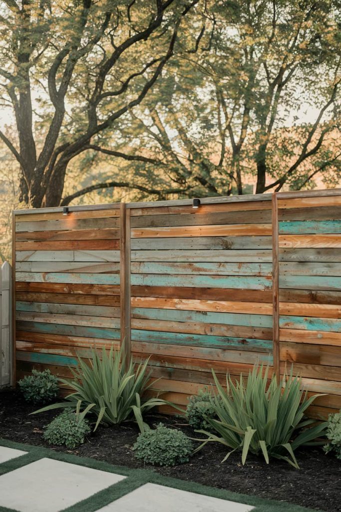 Wooden fence with colorful boards in a garden surrounded by green plants and trees in the background.