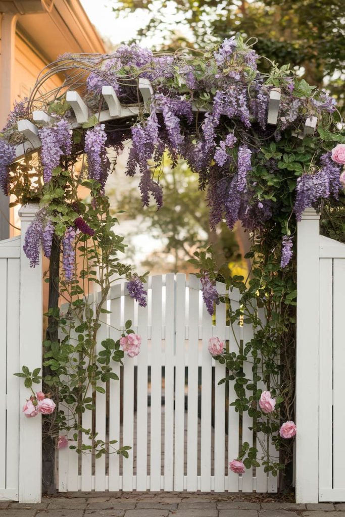 A white picket fence gate decorated with cascading purple wisteria and pink roses beneath a wooden archway.