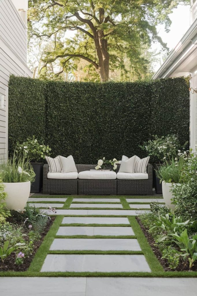 Modern outdoor patio with wicker furniture and white cushions on a stone path. Tall green hedges and large planters with lots of greenery frame the picture.