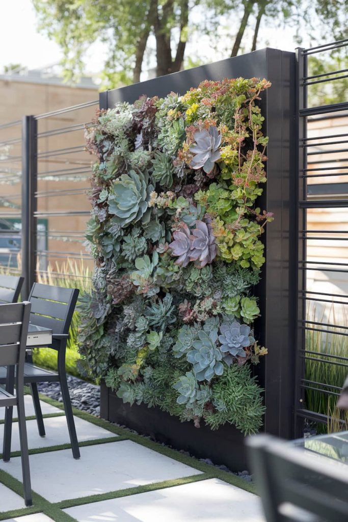 Vertical garden with various succulents and green plants on a modern patio surrounded by chairs and a wire fence.