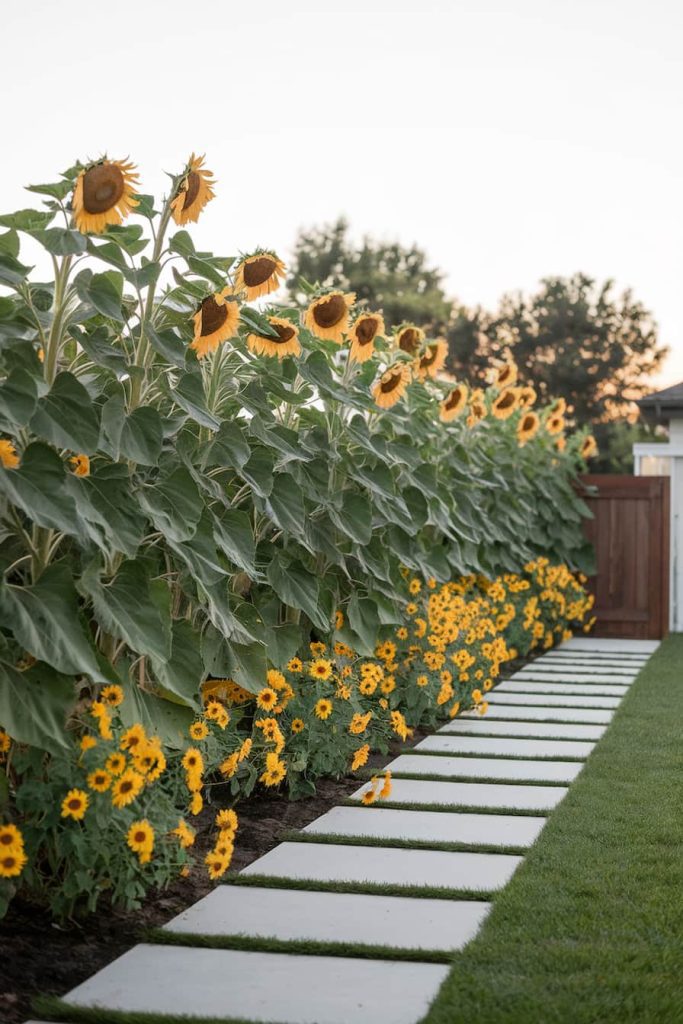 A row of tall sunflowers and smaller yellow flowers line a garden path with large stone tiles against a backdrop of trees and a wooden fence.